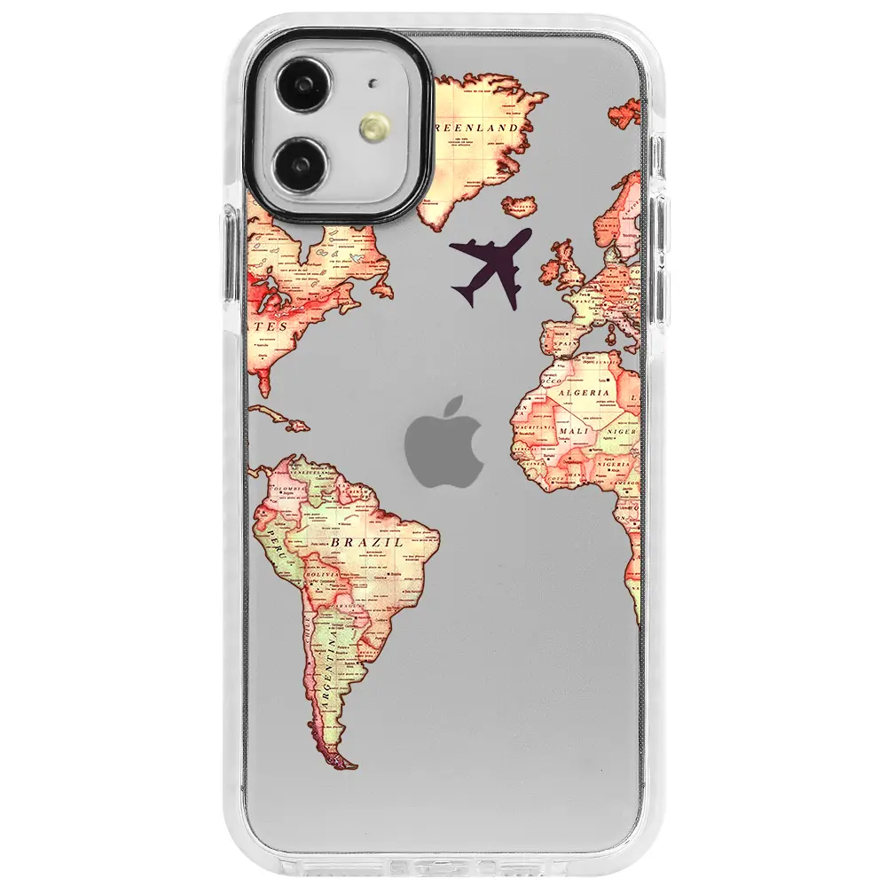 Apple iPhone 11 Beyaz Impact Premium Telefon Kılıfı - Harita Tasarımlı