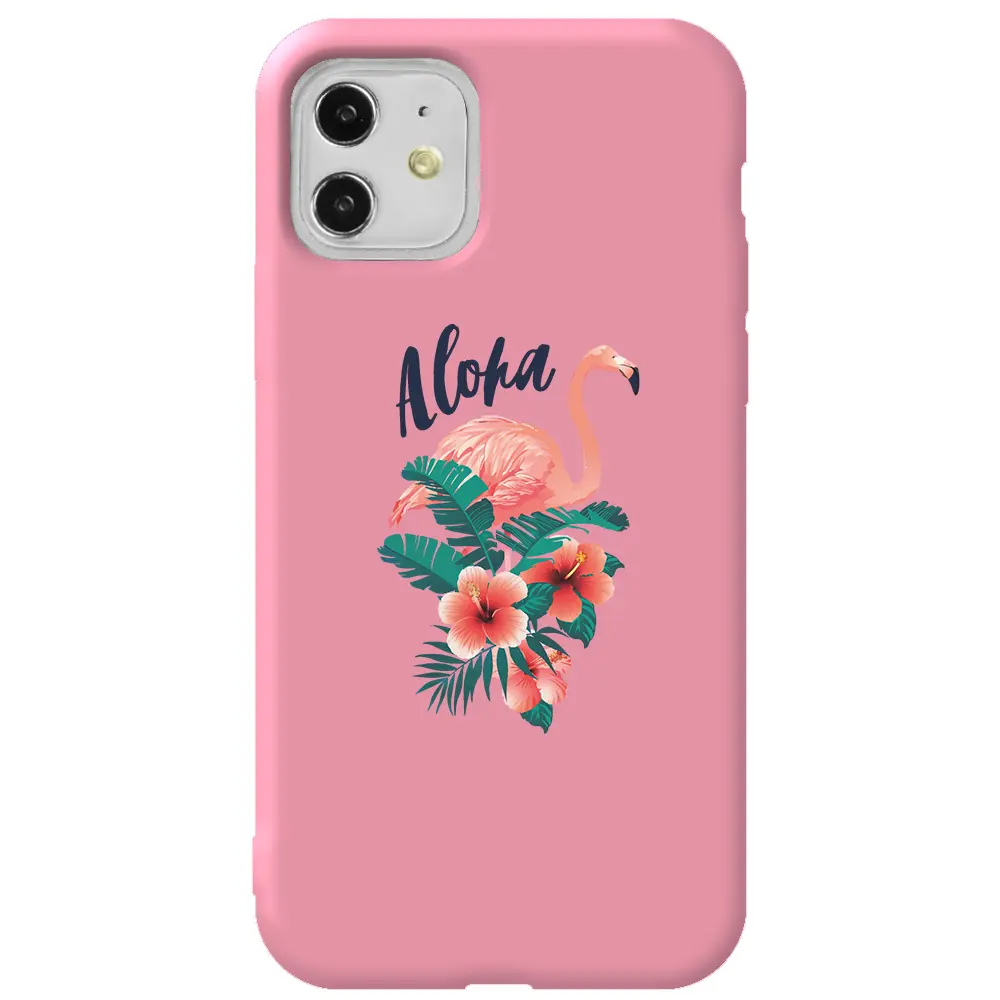 Apple iPhone 11 Pembe Renkli Silikon Telefon Kılıfı - Aloha Flamingo