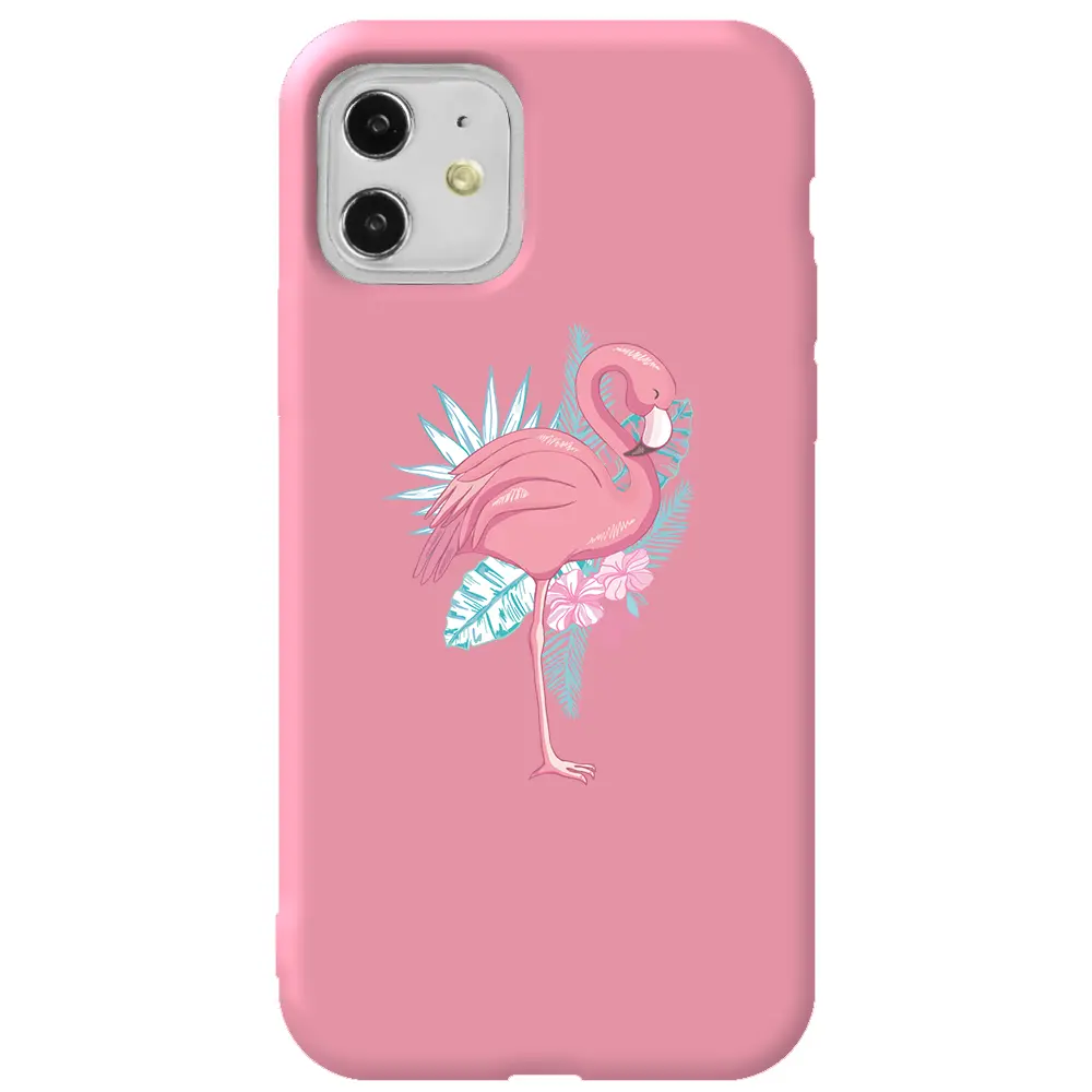 Apple iPhone 11 Pembe Renkli Silikon Telefon Kılıfı - Alone Flamingo