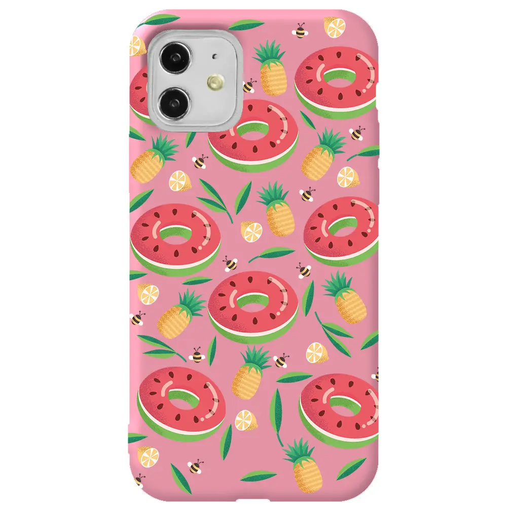 Apple iPhone 11 Pembe Renkli Silikon Telefon Kılıfı - Ananas Donut