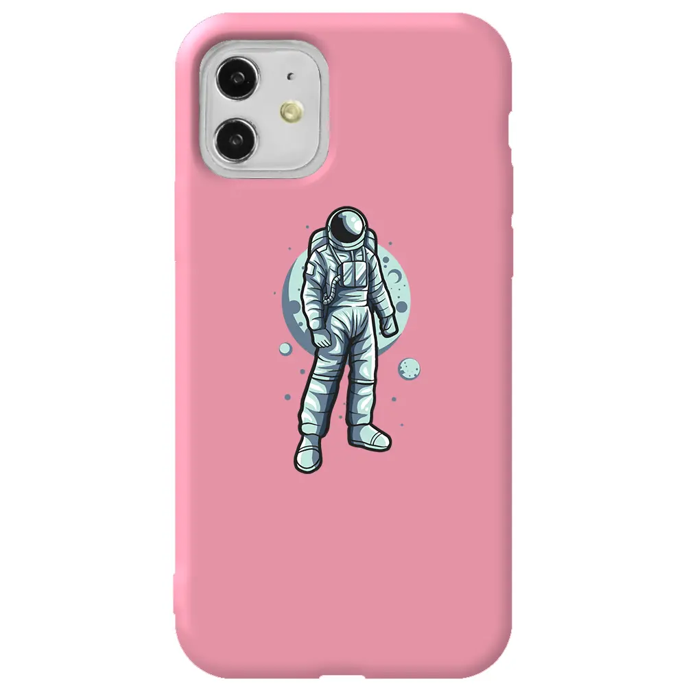 Apple iPhone 11 Pembe Renkli Silikon Telefon Kılıfı - Astronot
