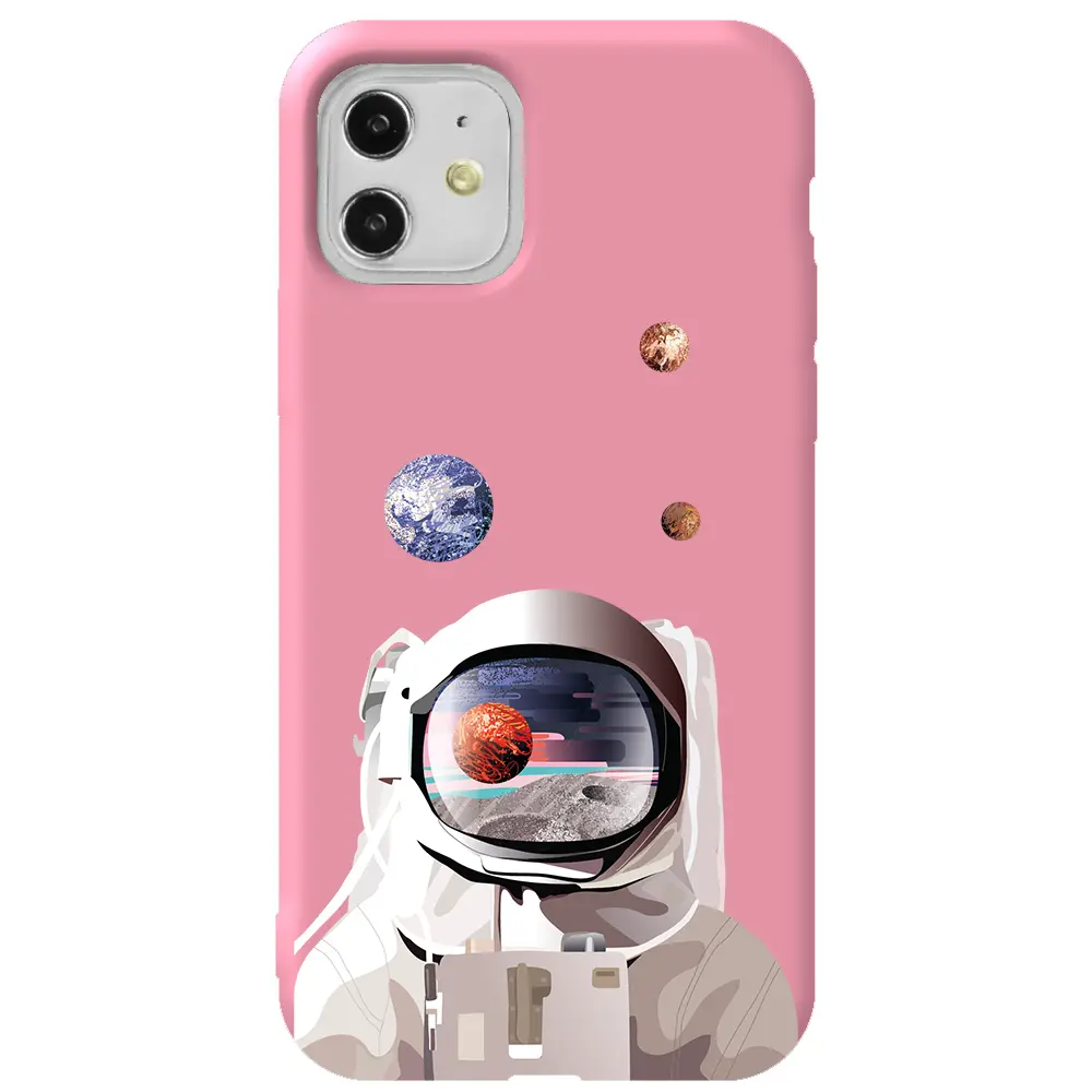 Apple iPhone 11 Pembe Renkli Silikon Telefon Kılıfı - Astronotun Gözünden