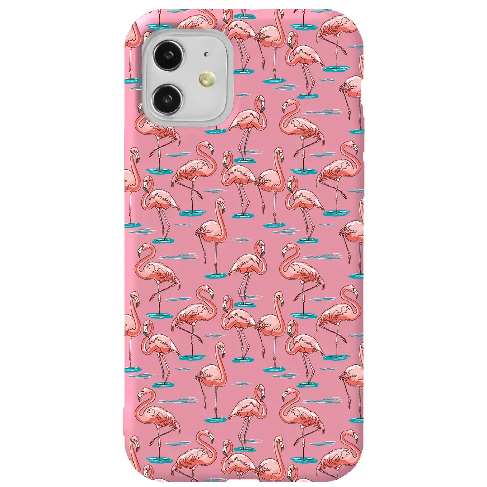 Apple iPhone 11 Pembe Renkli Silikon Telefon Kılıfı - Flamingolar