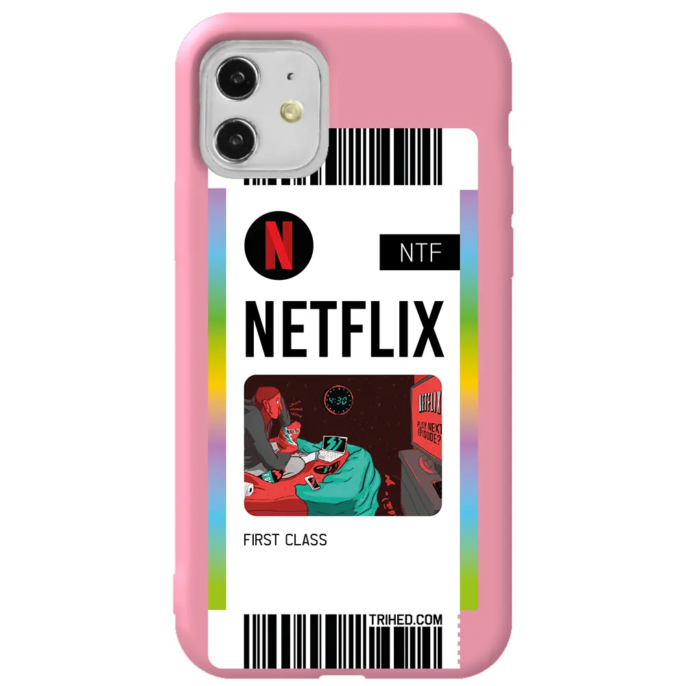 Apple iPhone 11 Pembe Renkli Silikon Telefon Kılıfı - Netflix Bileti