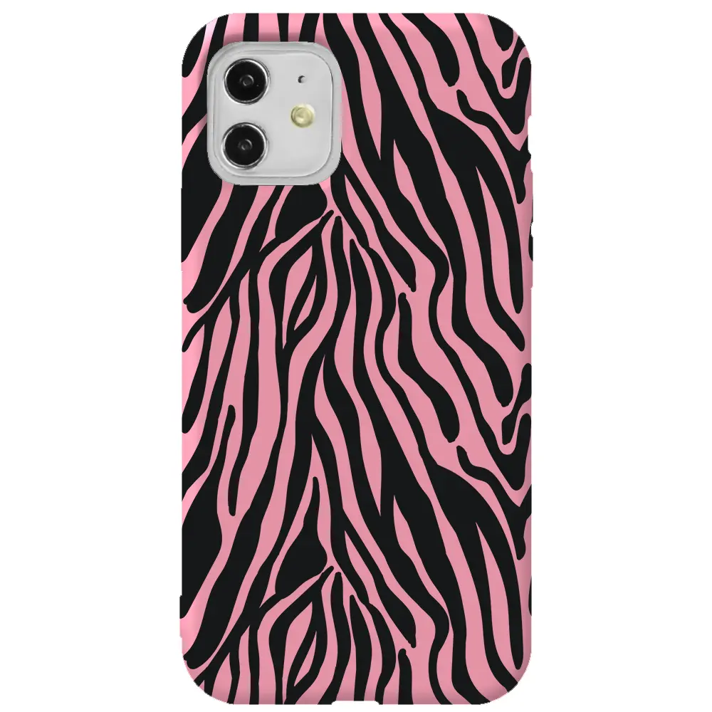 Apple iPhone 11 Pembe Renkli Silikon Telefon Kılıfı - Siyah Zebra Desenleri