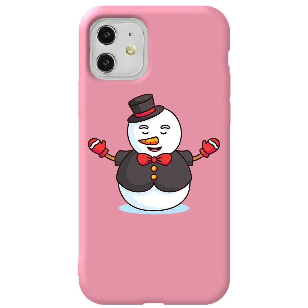 Apple iPhone 11 Pembe Renkli Silikon Telefon Kılıfı - Snowman in Suit