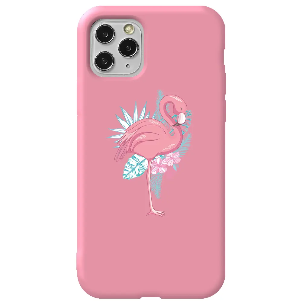 Apple iPhone 11 Pro Max Pembe Renkli Silikon Telefon Kılıfı - Alone Flamingo