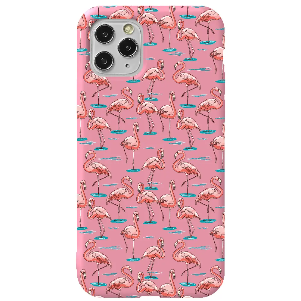 Apple iPhone 11 Pro Max Pembe Renkli Silikon Telefon Kılıfı - Flamingolar
