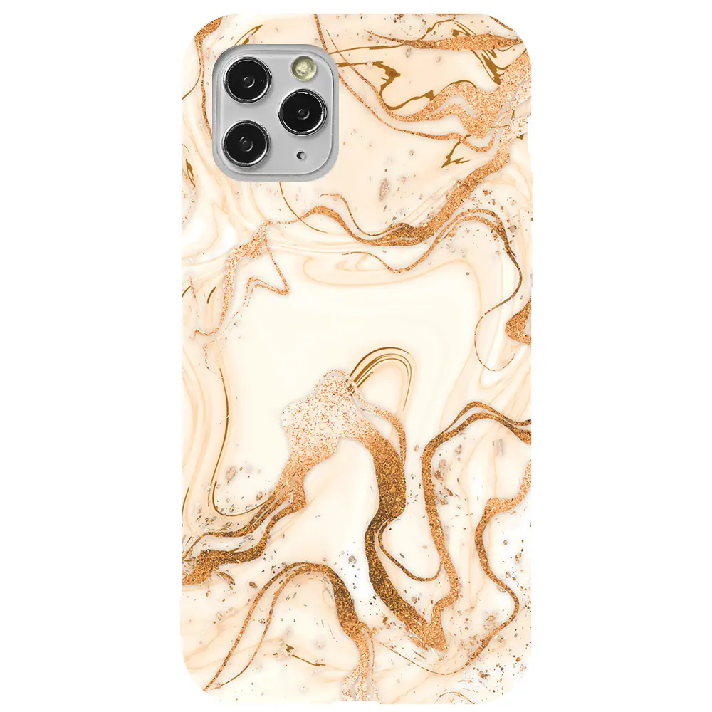 Apple iPhone 11 Pro Max Pembe Renkli Silikon Telefon Kılıfı - Gold Marble