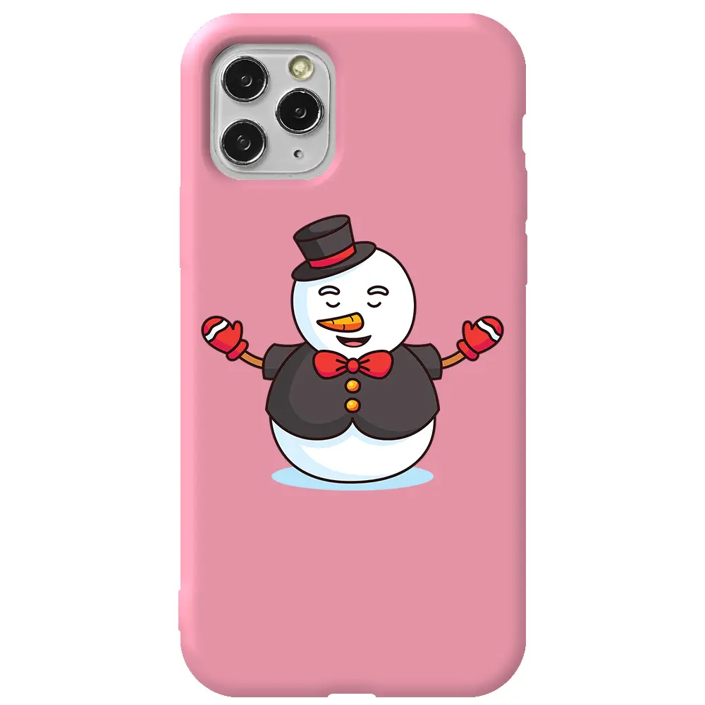 Apple iPhone 11 Pro Max Pembe Renkli Silikon Telefon Kılıfı - Snowman in Suit