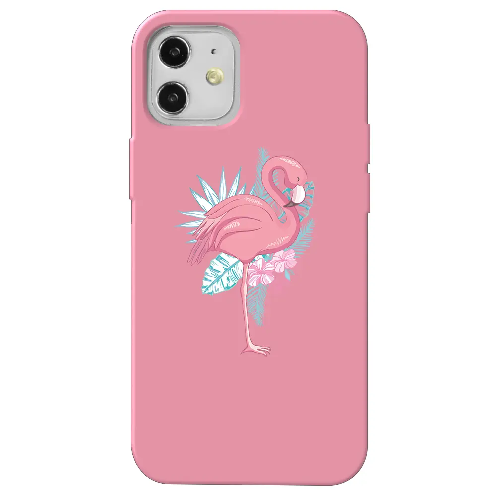 Apple iPhone 12 Mini Pembe Renkli Silikon Telefon Kılıfı - Alone Flamingo