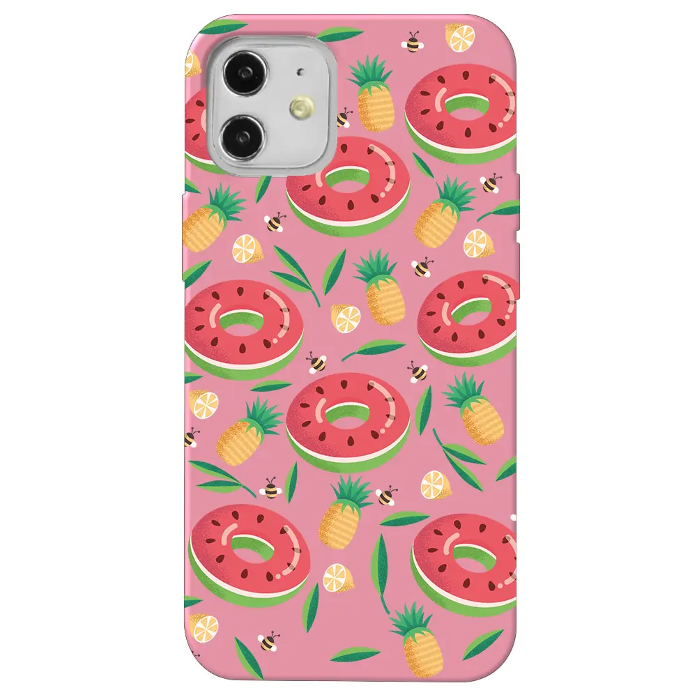 Apple iPhone 12 Mini Pembe Renkli Silikon Telefon Kılıfı - Ananas Donut