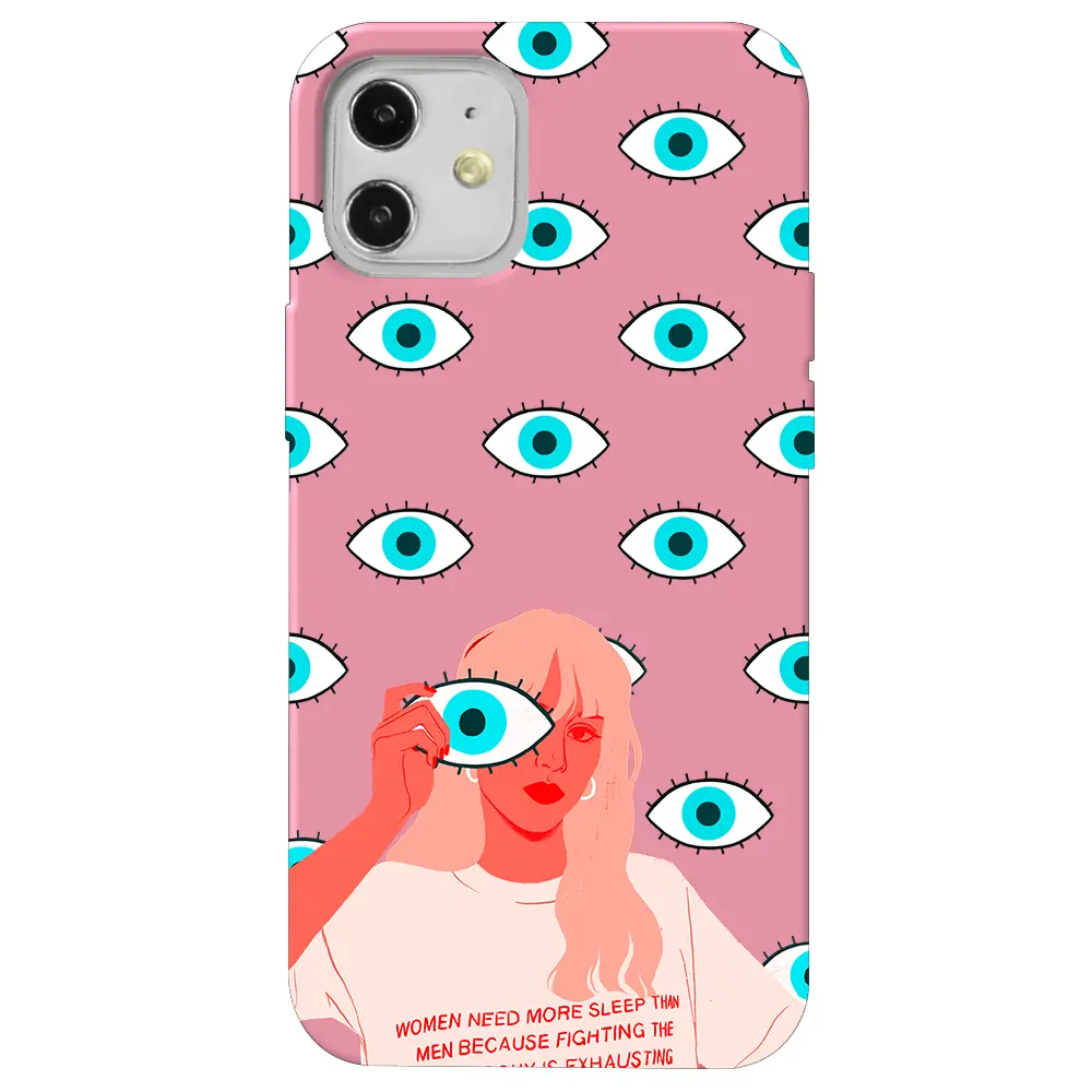 Apple iPhone 12 Mini Pembe Renkli Silikon Telefon Kılıfı - Büyük Gözlü Kız