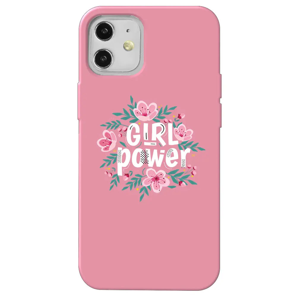 Apple iPhone 12 Mini Pembe Renkli Silikon Telefon Kılıfı - Çiçekli Girl Power