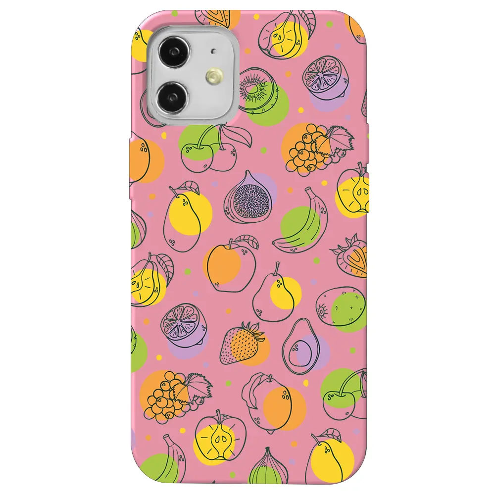 Apple iPhone 12 Mini Pembe Renkli Silikon Telefon Kılıfı - Cizgisel Meyveler