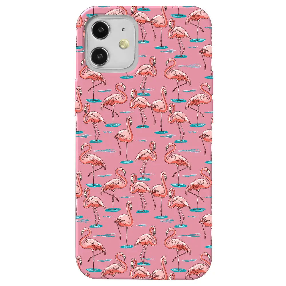Apple iPhone 12 Mini Pembe Renkli Silikon Telefon Kılıfı - Flamingolar