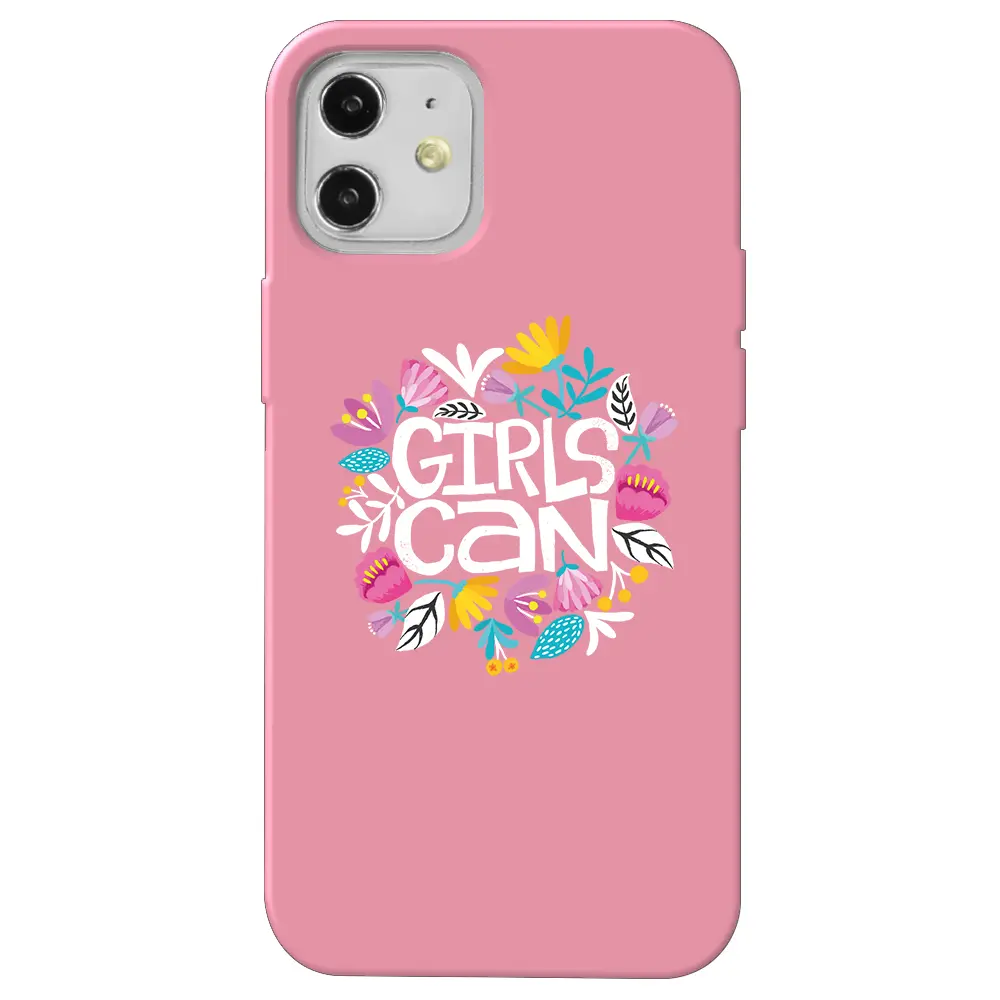 Apple iPhone 12 Mini Pembe Renkli Silikon Telefon Kılıfı - Girls Can