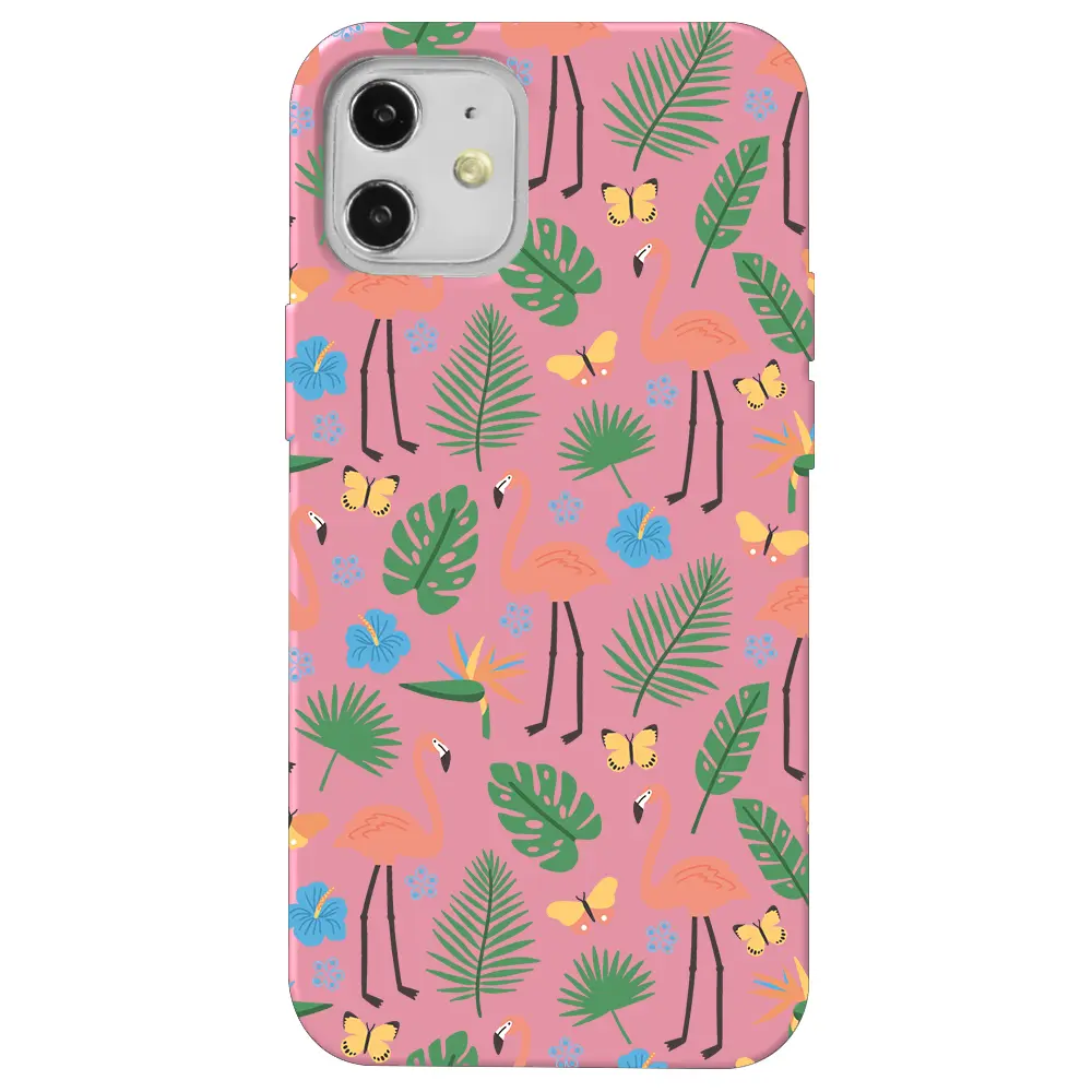 Apple iPhone 12 Mini Pembe Renkli Silikon Telefon Kılıfı - Tropik Flamingo