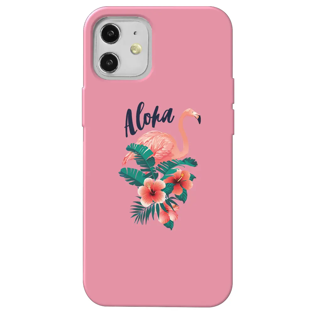Apple iPhone 12 Pembe Renkli Silikon Telefon Kılıfı - Aloha Flamingo