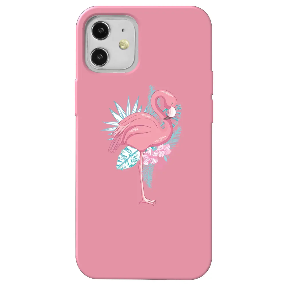 Apple iPhone 12 Pembe Renkli Silikon Telefon Kılıfı - Alone Flamingo