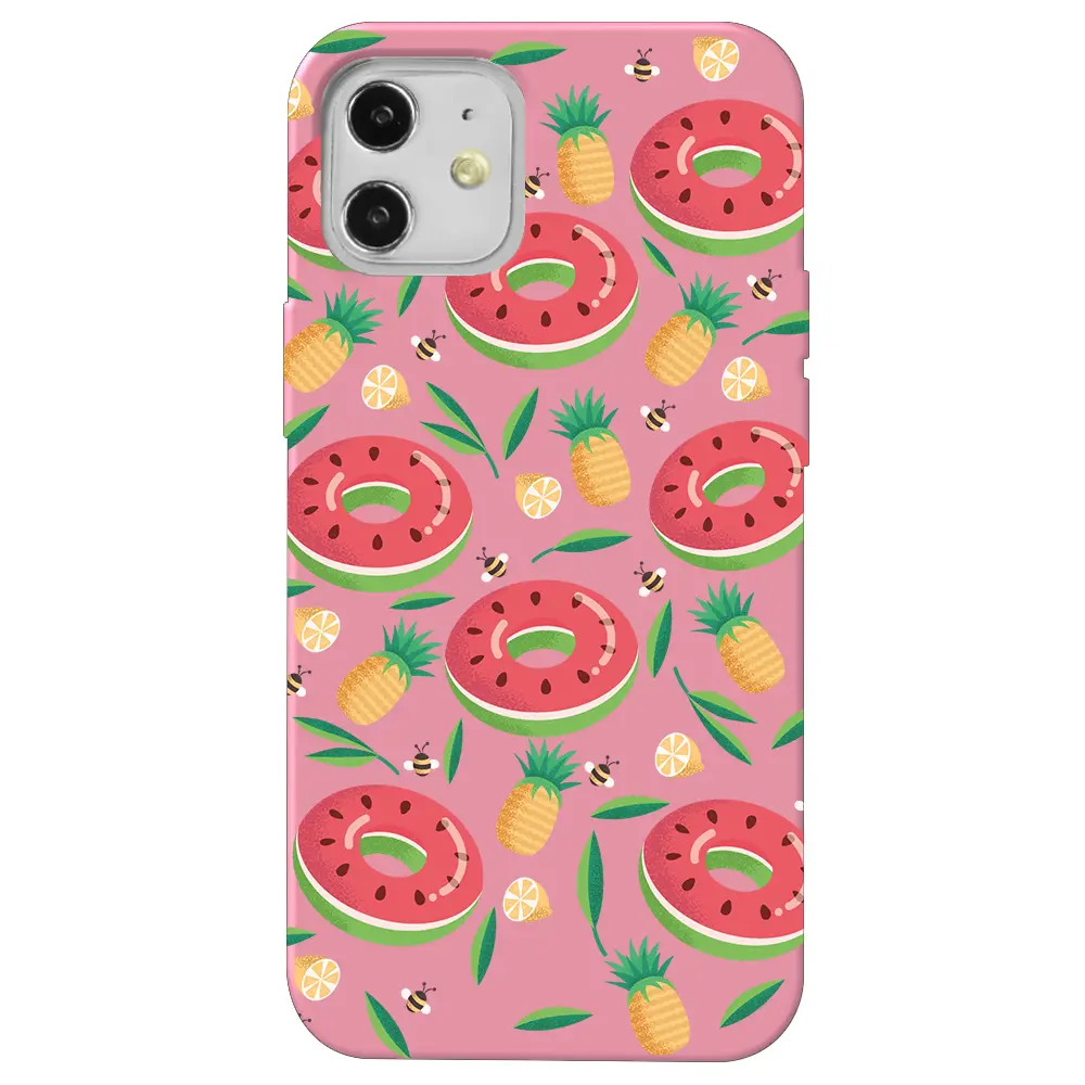Apple iPhone 12 Pembe Renkli Silikon Telefon Kılıfı - Ananas Donut