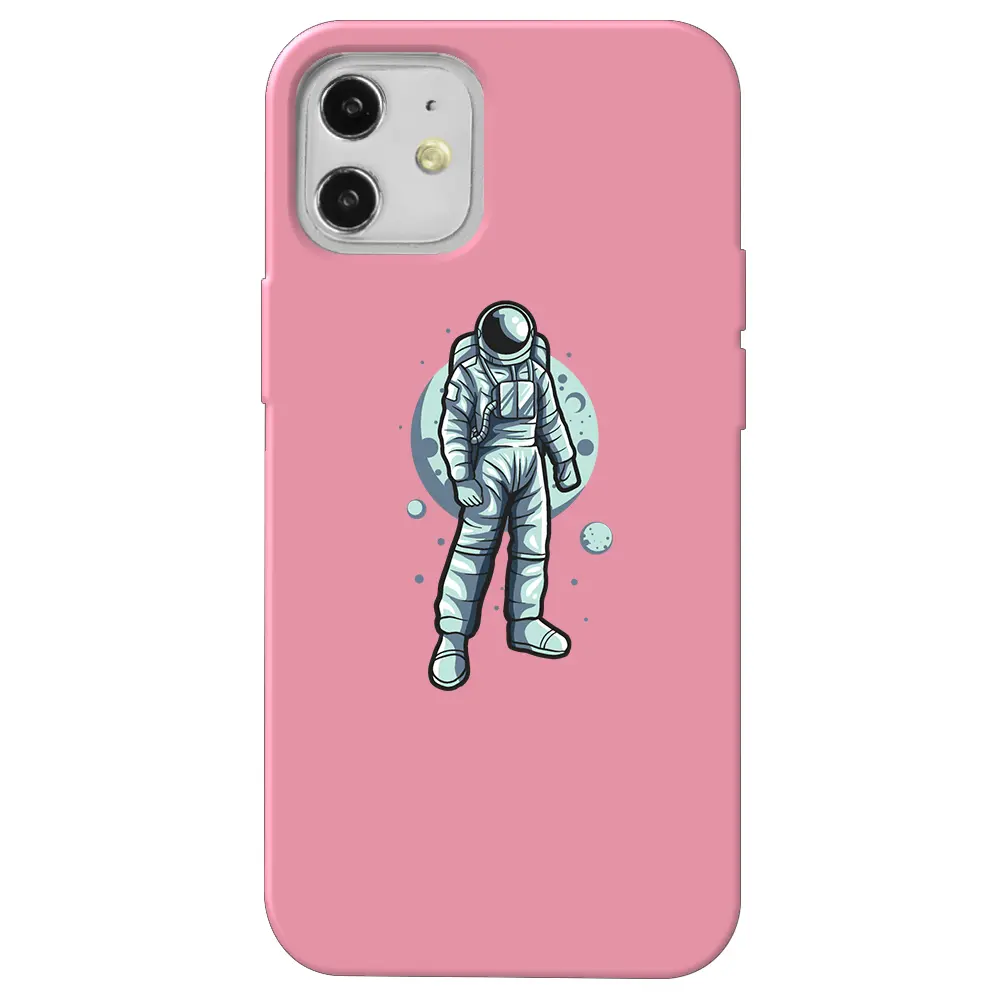Apple iPhone 12 Pembe Renkli Silikon Telefon Kılıfı - Astronot