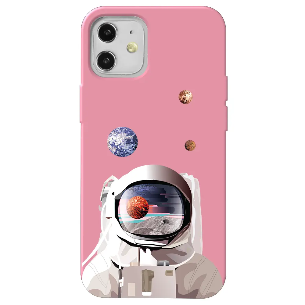 Apple iPhone 12 Pembe Renkli Silikon Telefon Kılıfı - Astronotun Gözünden