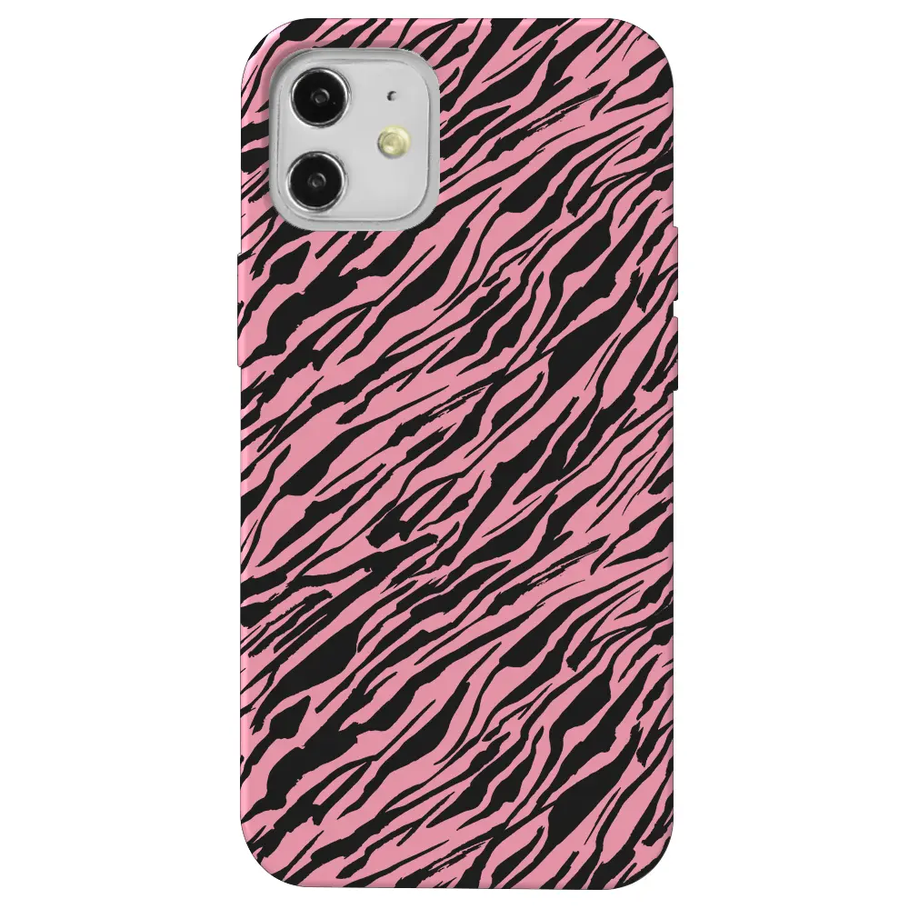 Apple iPhone 12 Pembe Renkli Silikon Telefon Kılıfı - Capraz Zebra Siyah