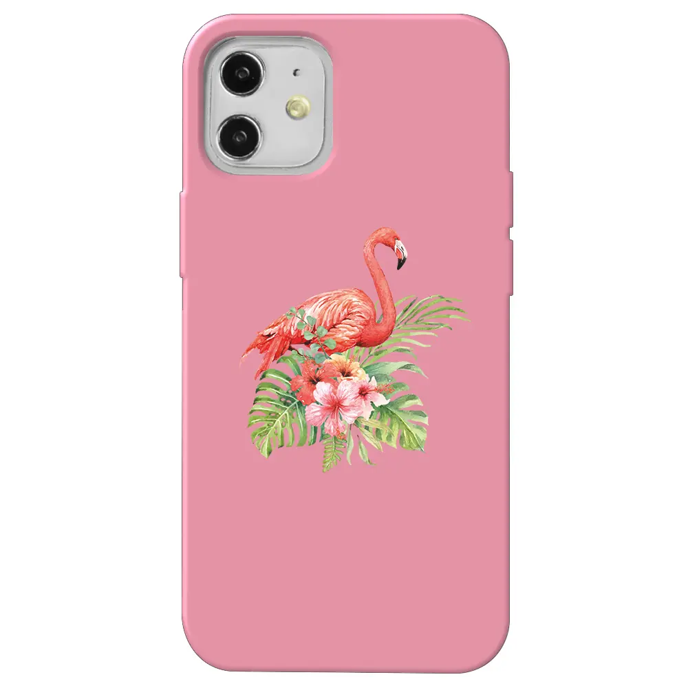 Apple iPhone 12 Pembe Renkli Silikon Telefon Kılıfı - Flamingo