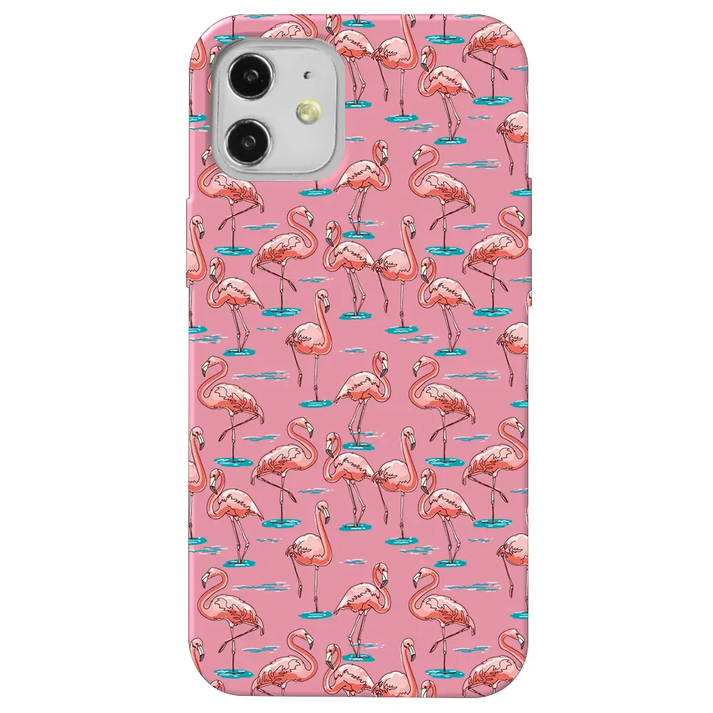 Apple iPhone 12 Pembe Renkli Silikon Telefon Kılıfı - Flamingolar