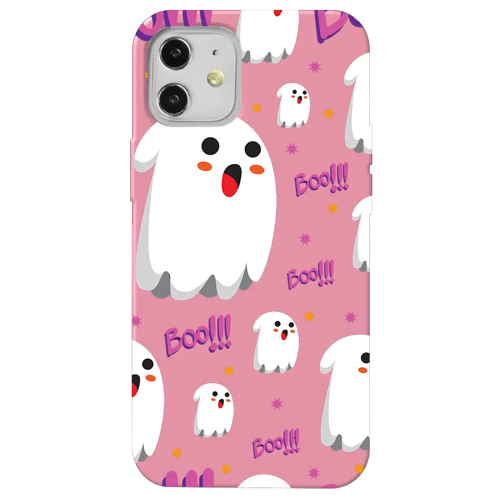 Apple iPhone 12 Pembe Renkli Silikon Telefon Kılıfı - Ghost Boo!