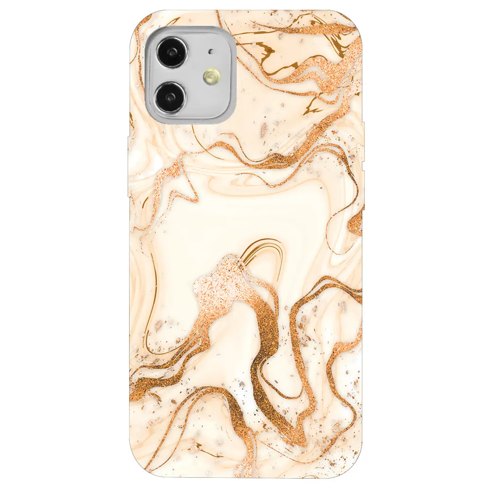 Apple iPhone 12 Pembe Renkli Silikon Telefon Kılıfı - Gold Marble