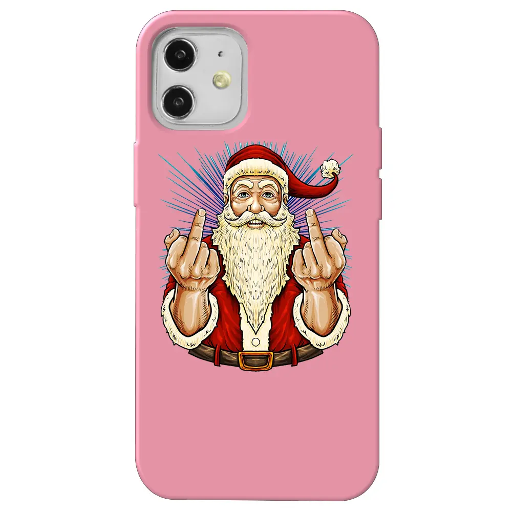 Apple iPhone 12 Pembe Renkli Silikon Telefon Kılıfı - Naughty Santa