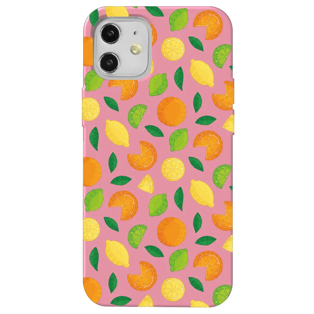 Apple iPhone 12 Pembe Renkli Silikon Telefon Kılıfı - Portakal Limon
