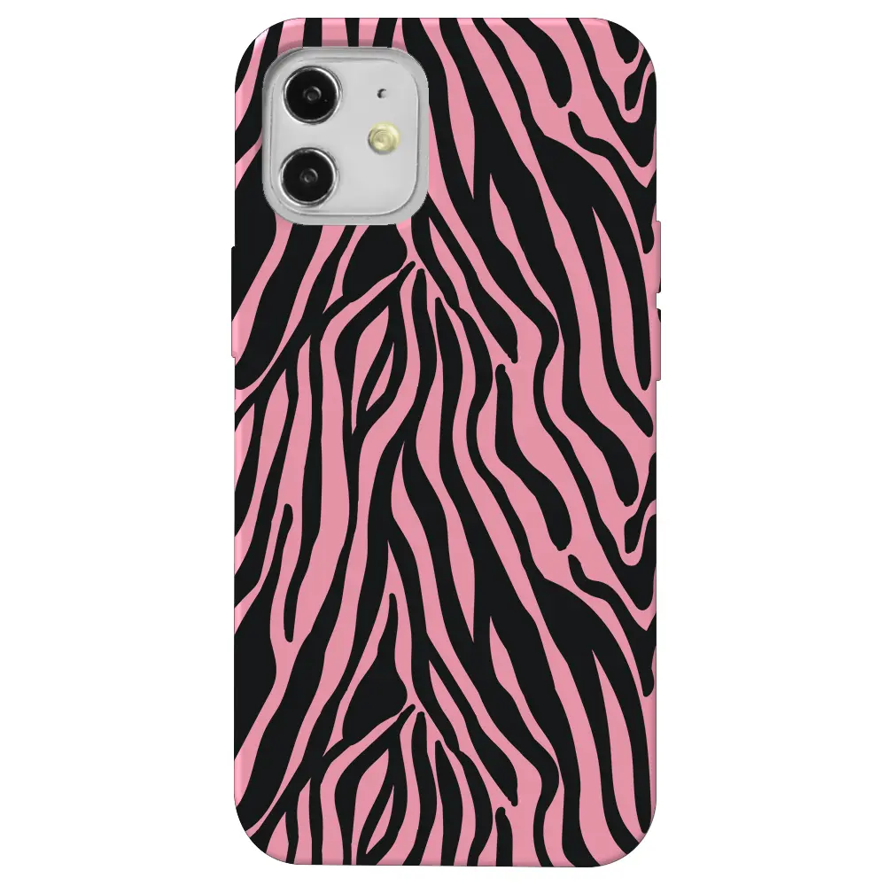 Apple iPhone 12 Pembe Renkli Silikon Telefon Kılıfı - Siyah Zebra Desenleri