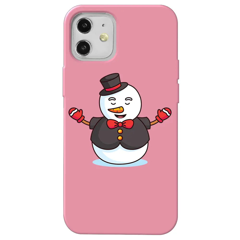 Apple iPhone 12 Pembe Renkli Silikon Telefon Kılıfı - Snowman in Suit
