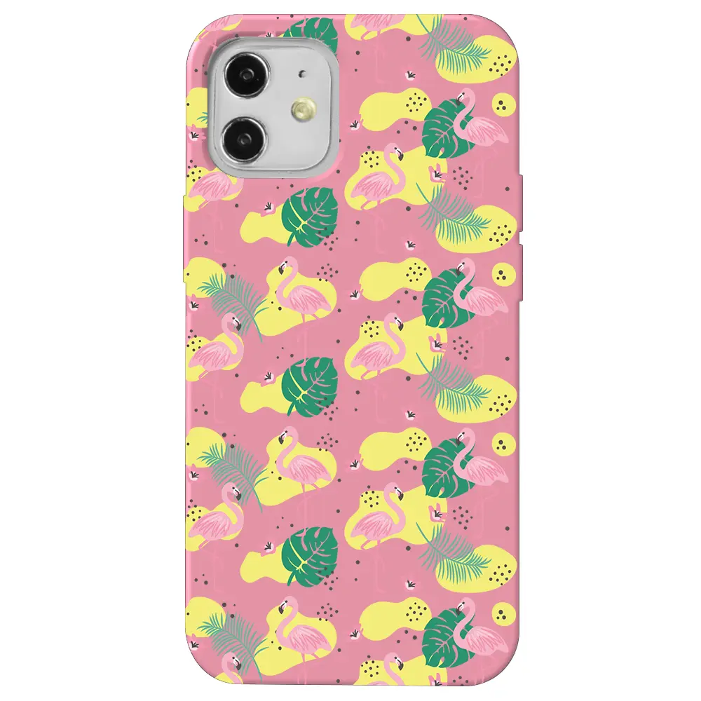 Apple iPhone 12 Pembe Renkli Silikon Telefon Kılıfı - Yaz Flamingolari 2