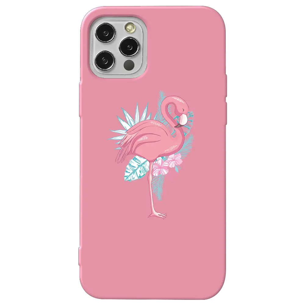 Apple iPhone 12 Pro Max Pembe Renkli Silikon Telefon Kılıfı - Alone Flamingo