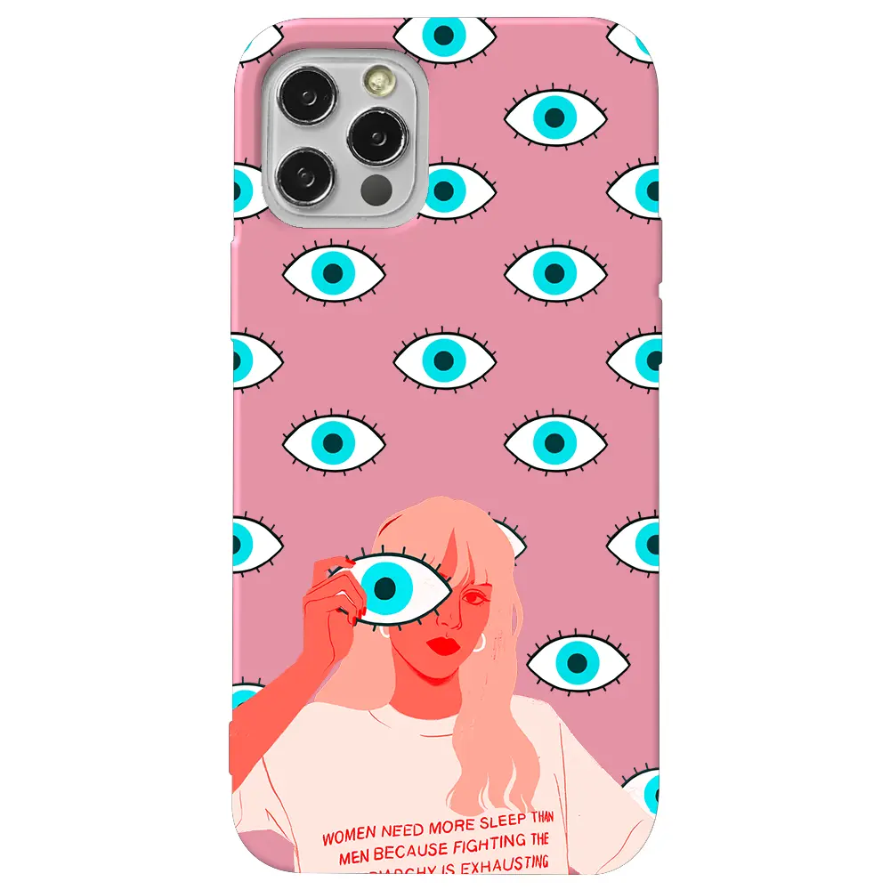Apple iPhone 12 Pro Max Pembe Renkli Silikon Telefon Kılıfı - Büyük Gözlü Kız