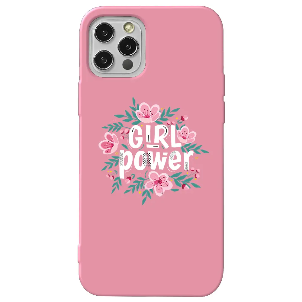 Apple iPhone 12 Pro Max Pembe Renkli Silikon Telefon Kılıfı - Çiçekli Girl Power