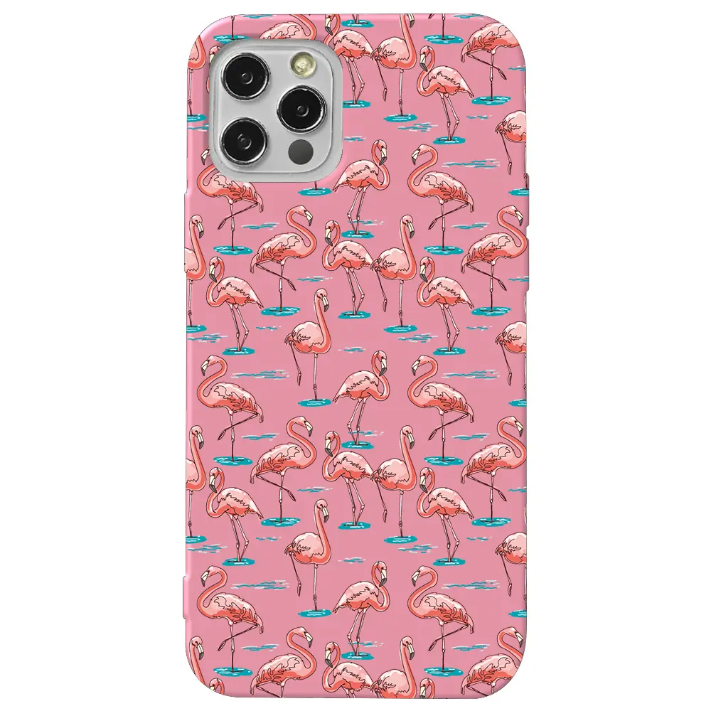 Apple iPhone 12 Pro Max Pembe Renkli Silikon Telefon Kılıfı - Flamingolar