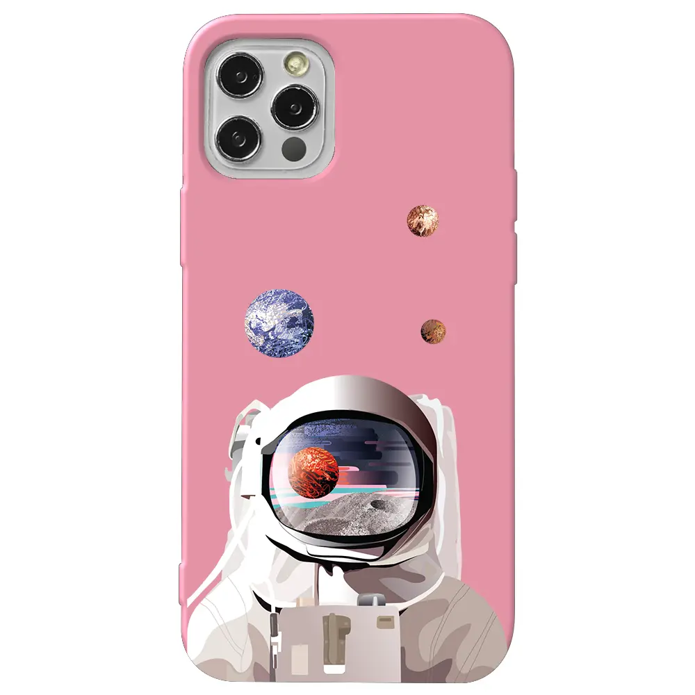 Apple iPhone 12 Pro Pembe Renkli Silikon Telefon Kılıfı - Astronotun Gözünden