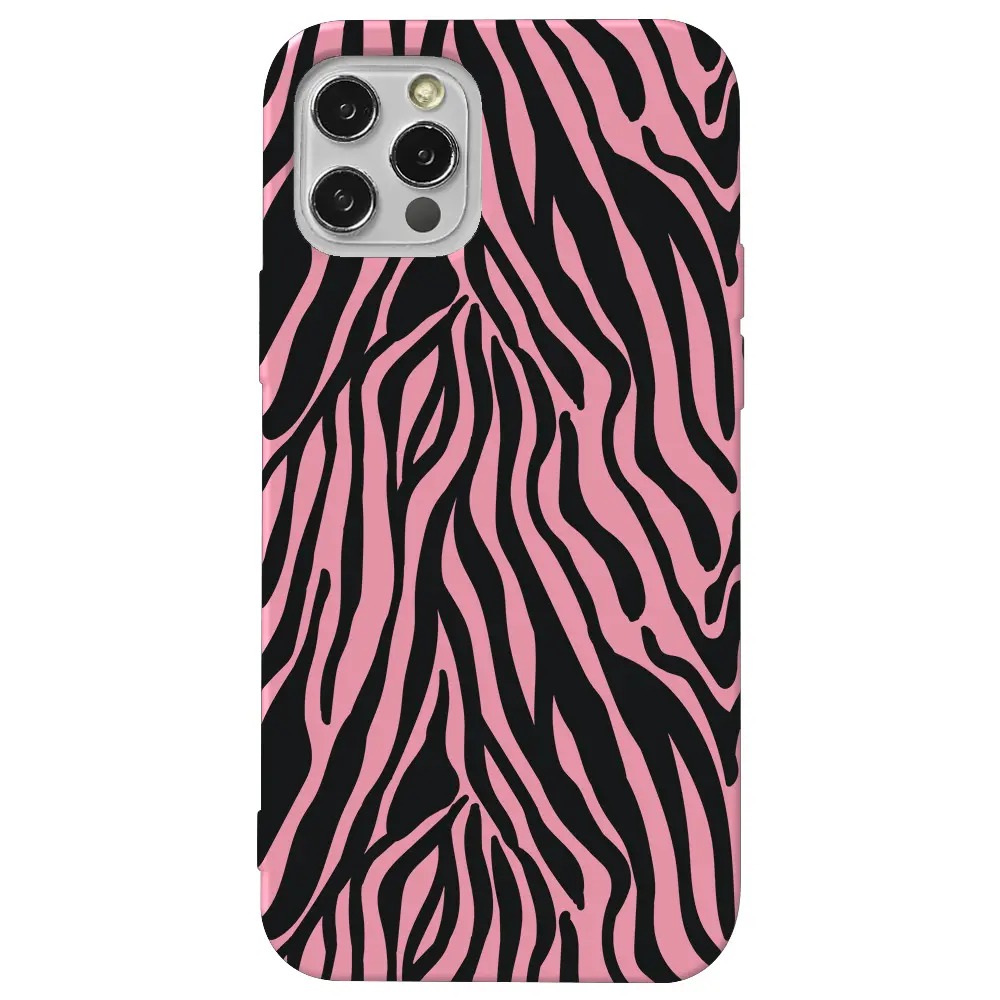 Apple iPhone 12 Pro Pembe Renkli Silikon Telefon Kılıfı - Siyah Zebra Desenleri