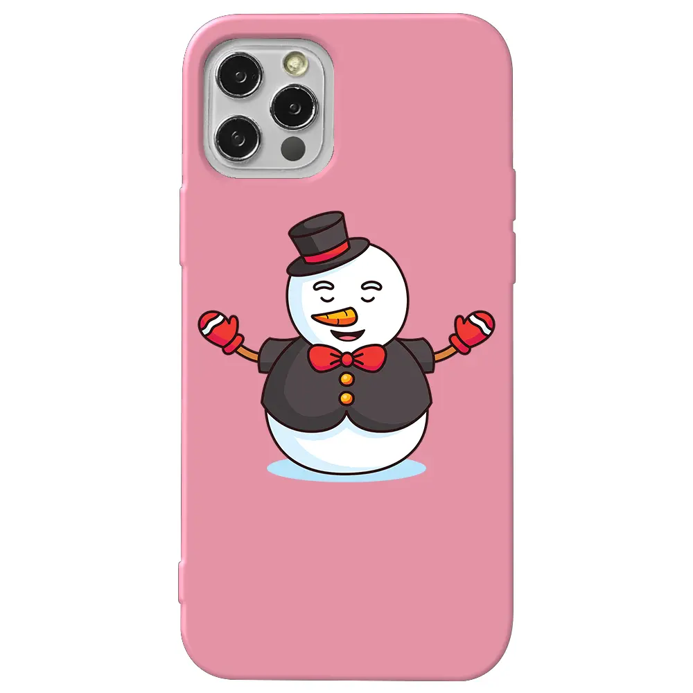 Apple iPhone 12 Pro Pembe Renkli Silikon Telefon Kılıfı - Snowman in Suit