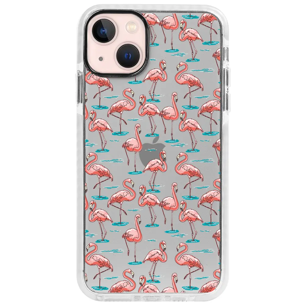 Apple iPhone 13 Beyaz Impact Premium Telefon Kılıfı - Flamingolar