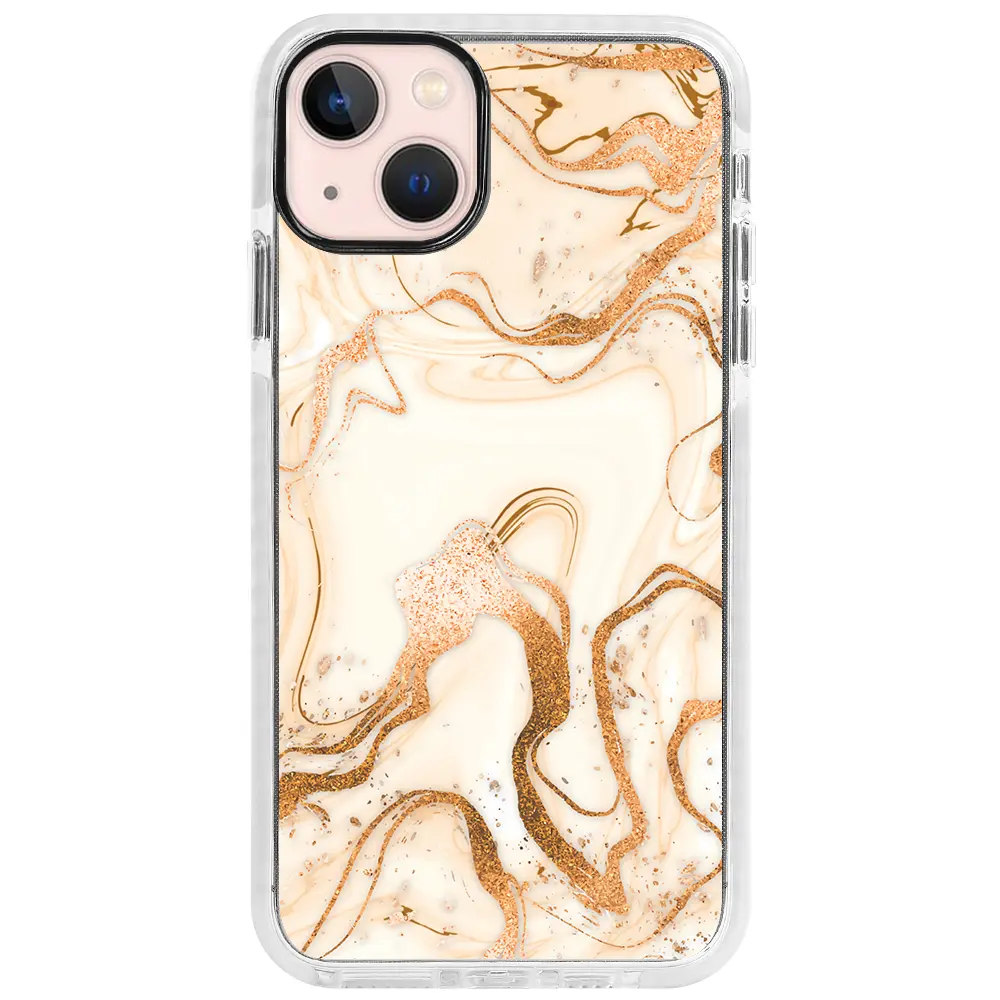 Apple iPhone 13 Beyaz Impact Premium Telefon Kılıfı - Gold Marble