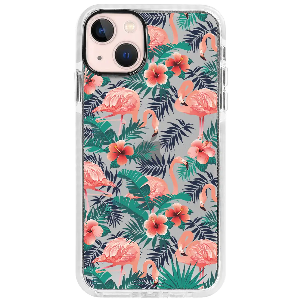 Apple iPhone 13 Beyaz Impact Premium Telefon Kılıfı - Leaf Flamingo