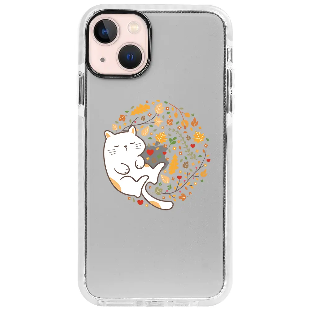 Apple iPhone 13 Beyaz Impact Premium Telefon Kılıfı - Uyuyan Kedi