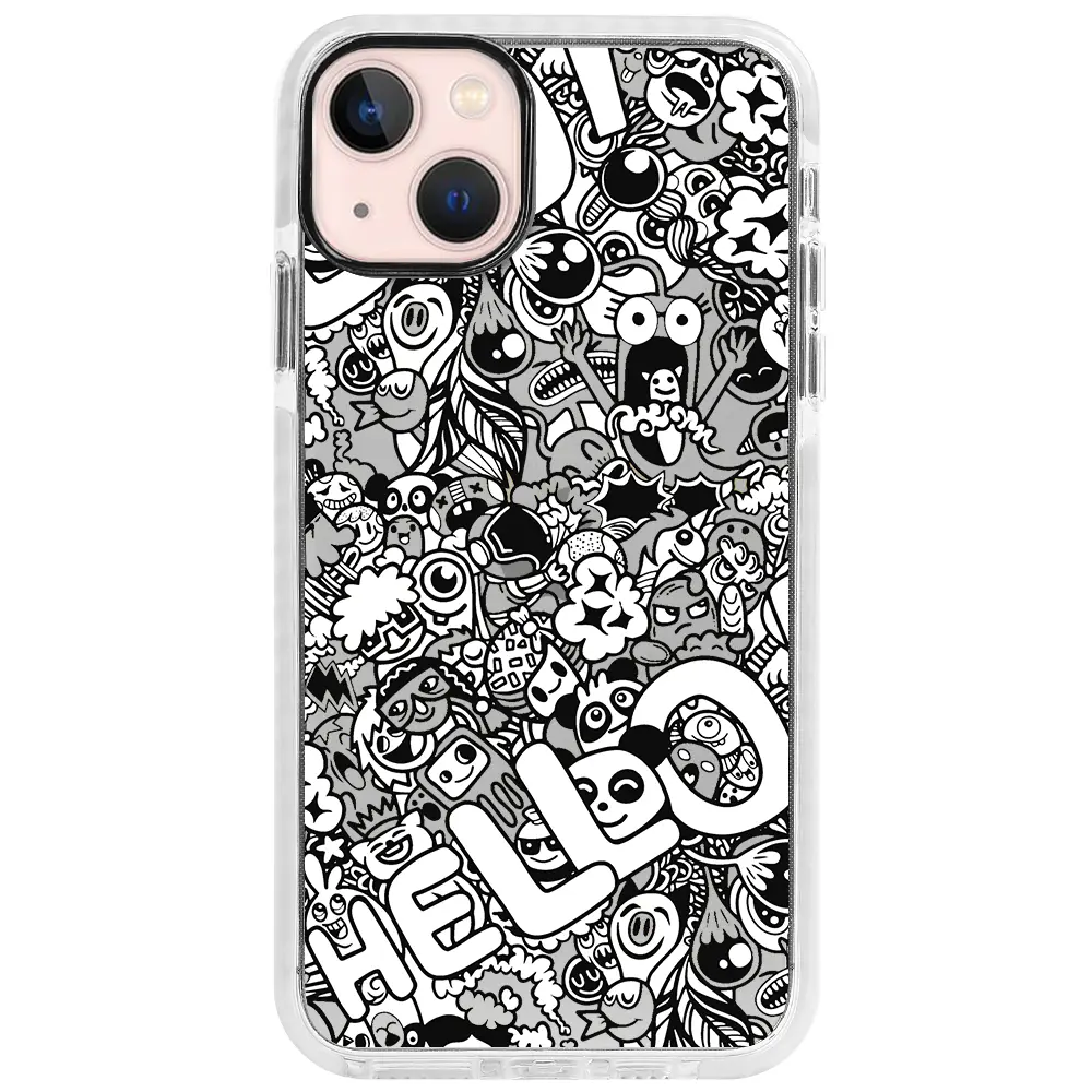 Apple iPhone 13 Mini Beyaz Impact Premium Telefon Kılıfı - Doodle Hello