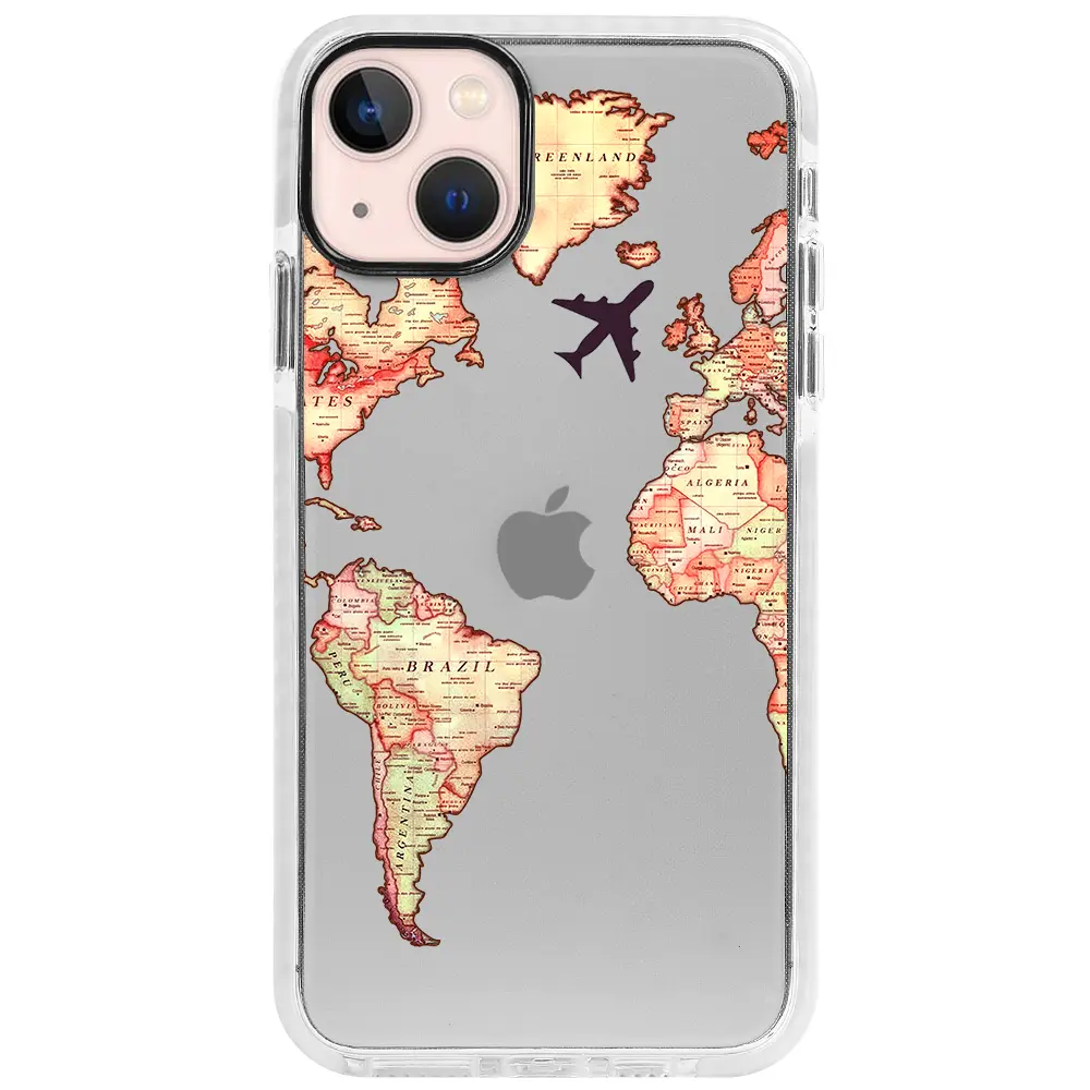 Apple iPhone 13 Mini Beyaz Impact Premium Telefon Kılıfı - Harita Tasarımlı
